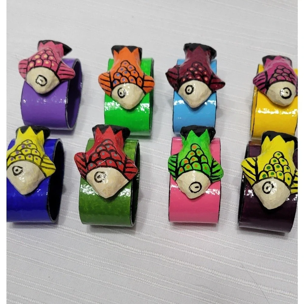 Vintage Folk Art Hand Painted Papier Mache Fish Napkin Rings Colorful
